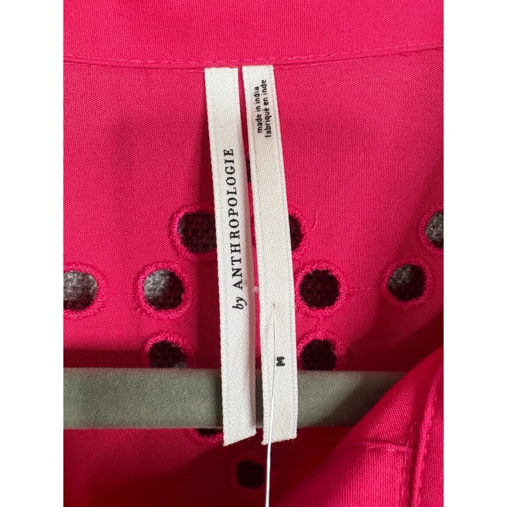 Anthropologie Shirt Dress Womens Medium Pink Button Up Eyelet Puff Sleeve Boho